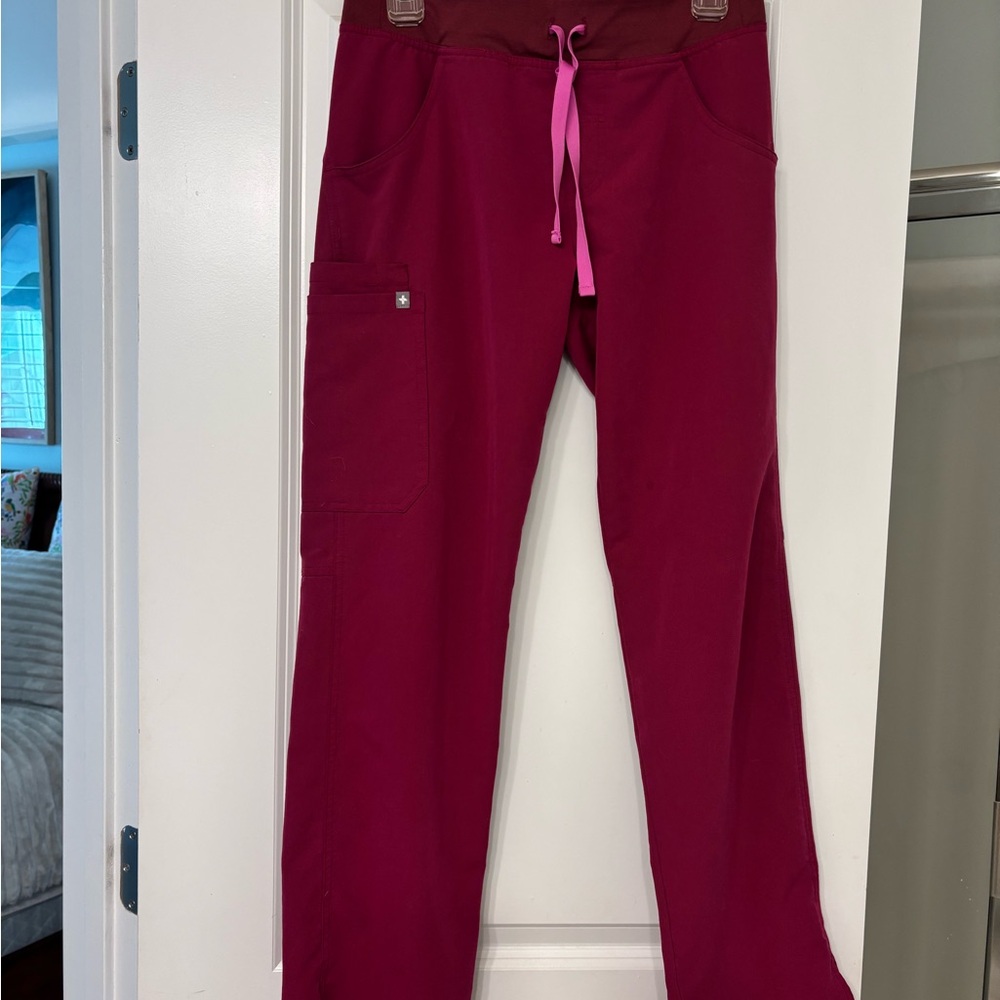 Figs Maroon Scrub Pants with Pink Accents